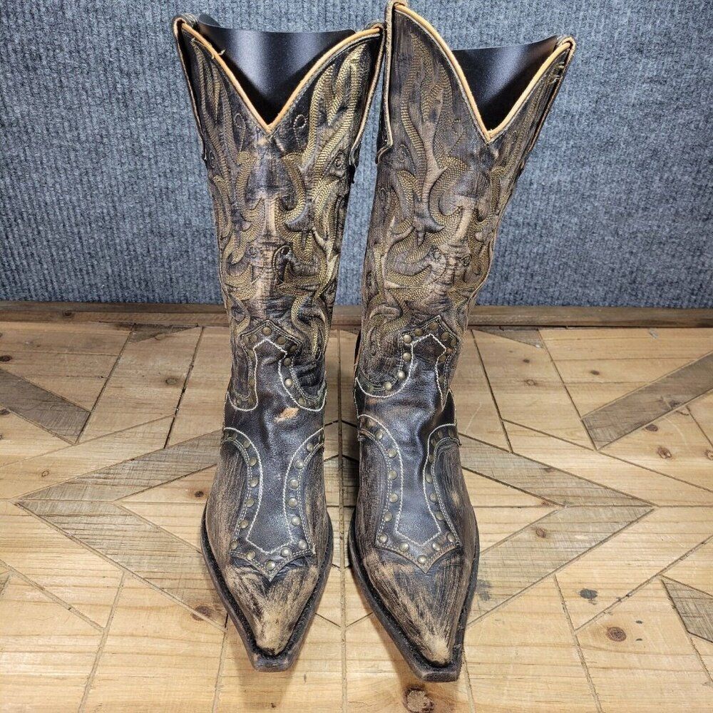 Stetson Women's 8.5 Black Brown Leather Studded Distressed Western Boots - Picture 3 of 9